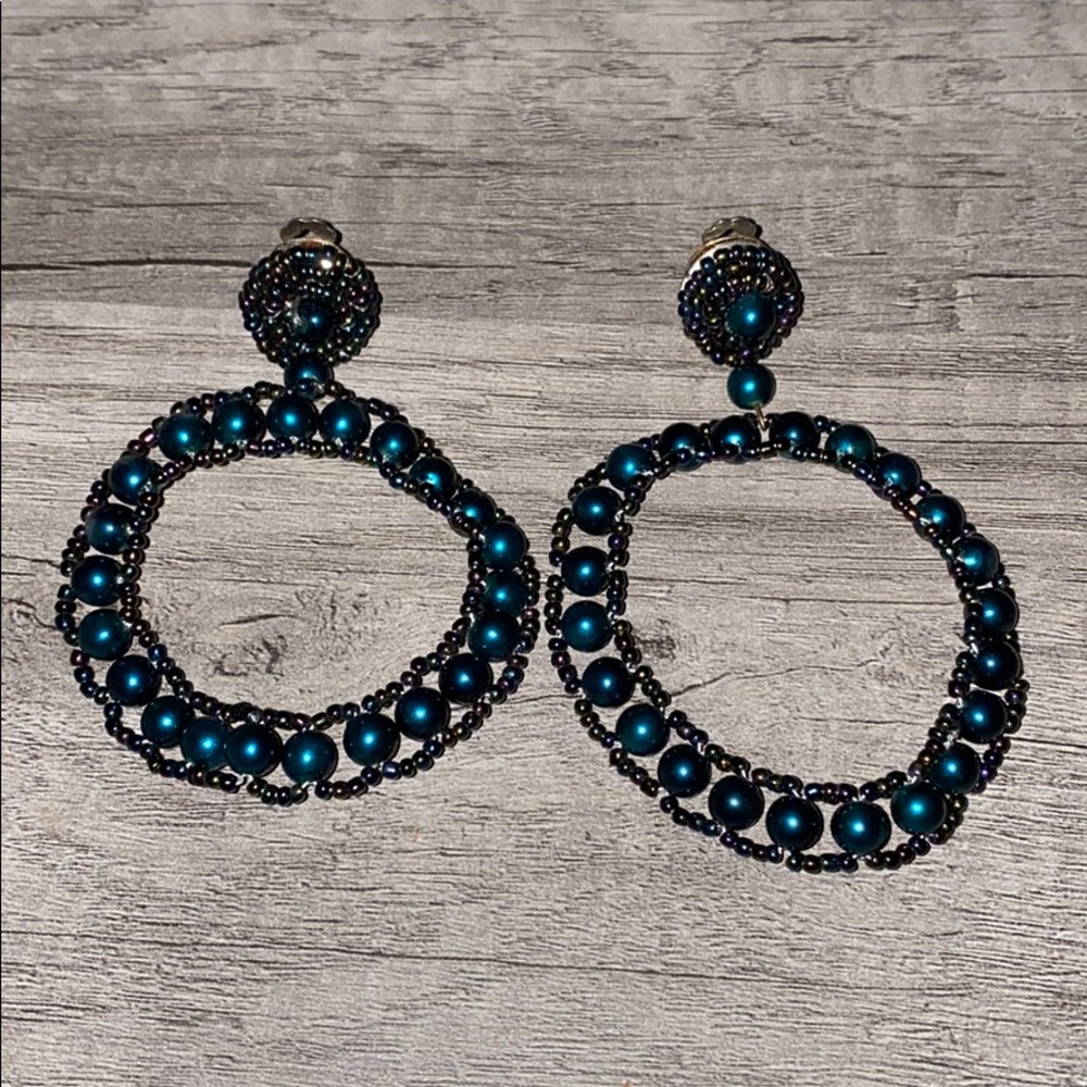 Blue Beaded Circular Dangle Clip On Earrings